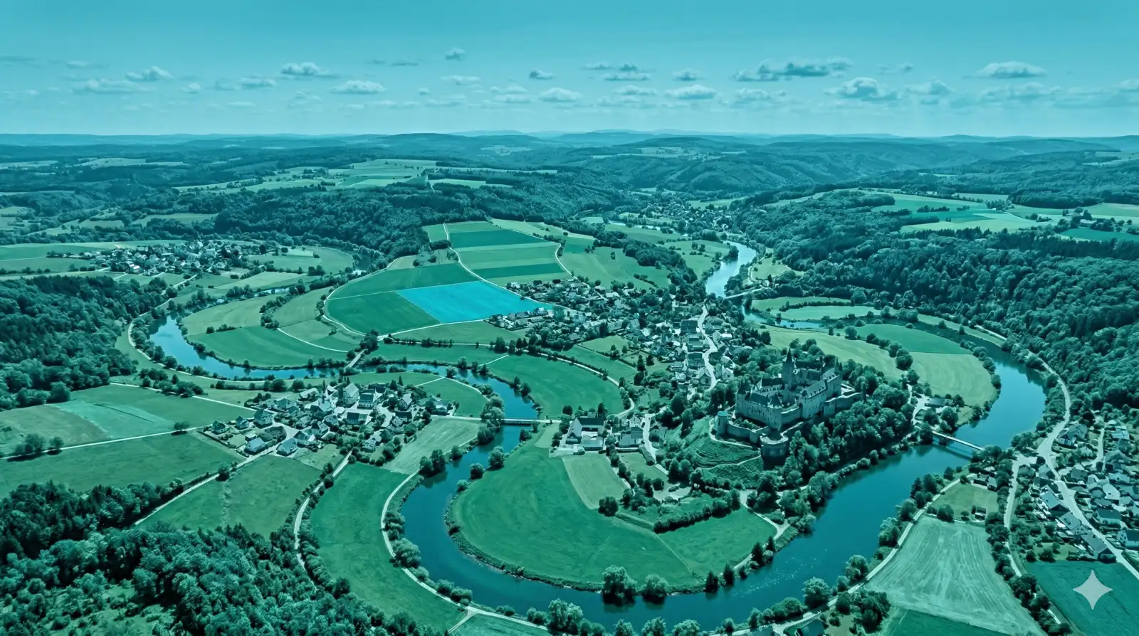 Luftaufnahme einer deutschen Flusslandschaft