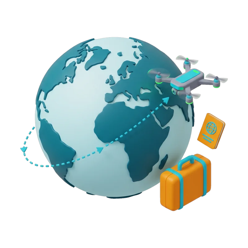 Drohne im Ausland – Globus mit Reisegepäck Illustration